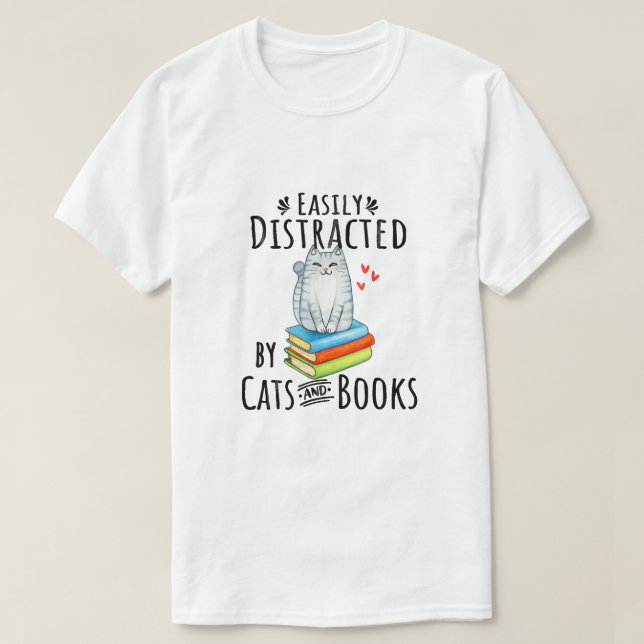 Camiseta Fácil distração de gatos e livros (Frente do Design)