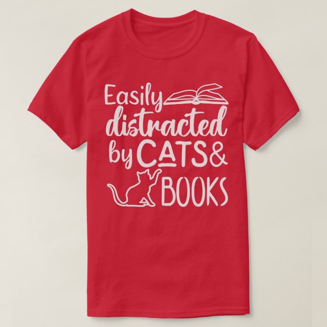 Camiseta Fácil distração de gatos e livros (Frente do Design)