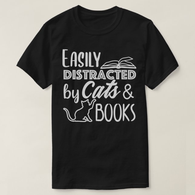 Camiseta Fácil distração de gatos e livros (Frente do Design)