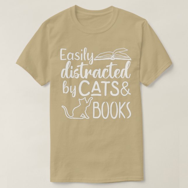 Camiseta Fácil distração de gatos e livros (Frente do Design)