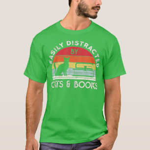 Camiseta Fácil distração de gatos e livros Vintage Retro