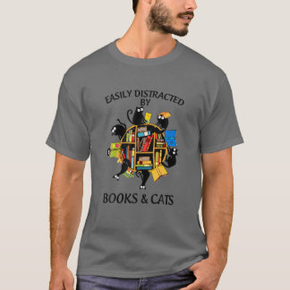 Camiseta Fácil Distração Por Gatos E Livros