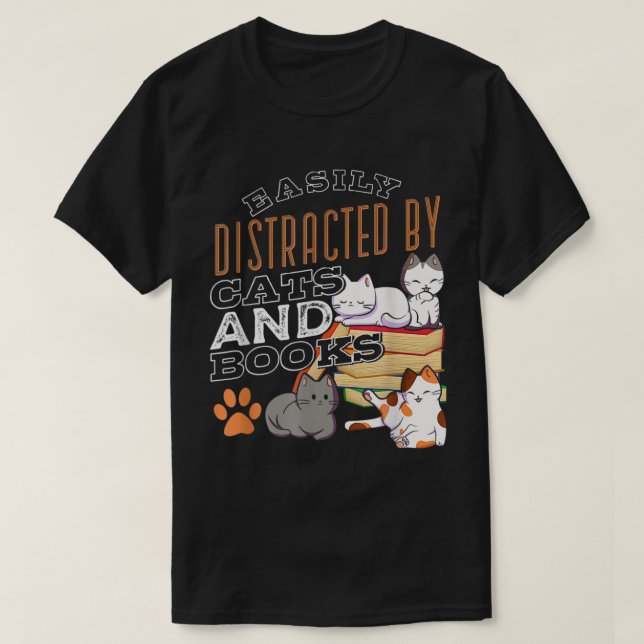 Camiseta Fácil Distração Por Gatos E Livros De Gato Negro P (Frente do Design)