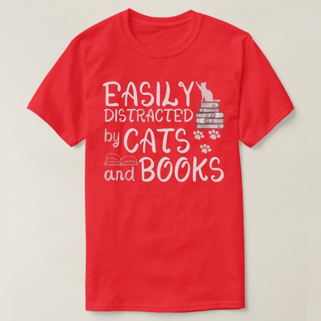 Camiseta Fácil Distração Por Gatos E Livros Engraçados Lo (Frente do Design)