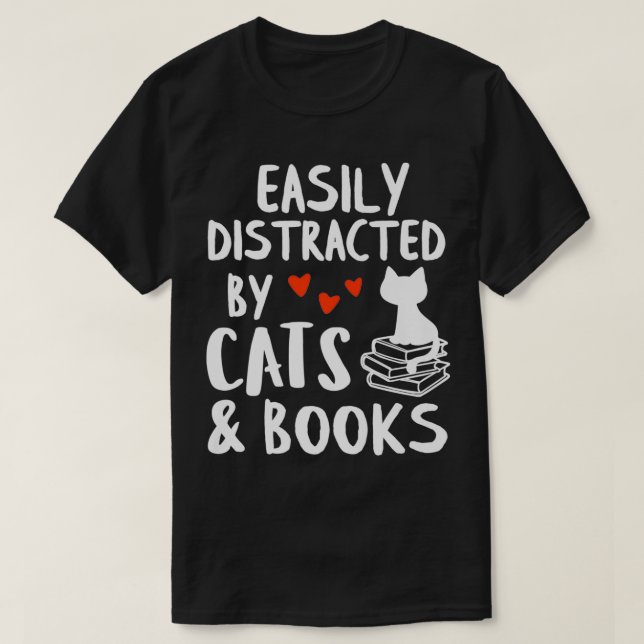 Camiseta Fácil Distração Por Gatos E Livros Premium (Frente do Design)