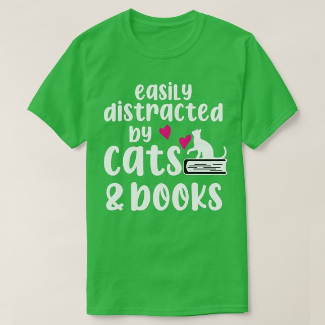 Camiseta Fácil Distração Por Gatos E Livros Sobre Gatos (Frente do Design)
