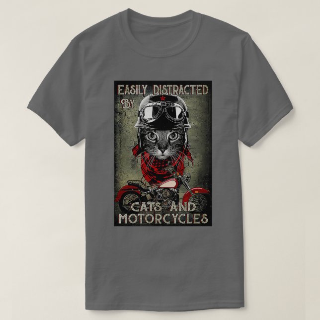 Camiseta Fácil distração por gatos e motocicletas (Frente do Design)