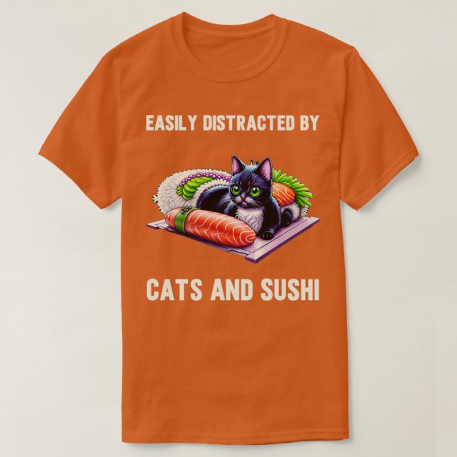 Camiseta Fácil Distração por Gatos e Sushi Funny Sushi Ca (Frente do Design)