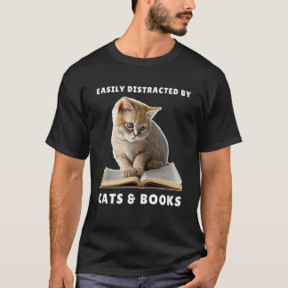 Camiseta Facilmente Distraída por Gatos e Livros Clube do L