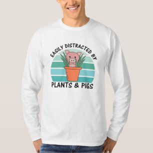 Camiseta Facilmente Distraída Por Plantas E Suínos, Rosa