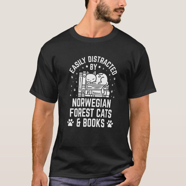 Camiseta Facilmente Distraído pelo Gato da Floresta Noruegu (Frente)