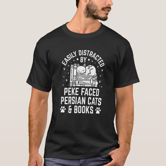 Camiseta Facilmente Distraído pelo Gato Persa de Rosto Peke (Frente)