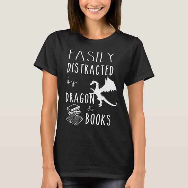 Camiseta facilmente distraído pelos nerd Dragon e Books (Frente)