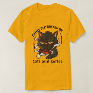 Camiseta Facilmente Distraído Por Gatos E Café Gato Engraça