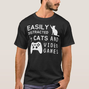 Camiseta Facilmente Distraído Por Gatos E Jogos De Vídeo En