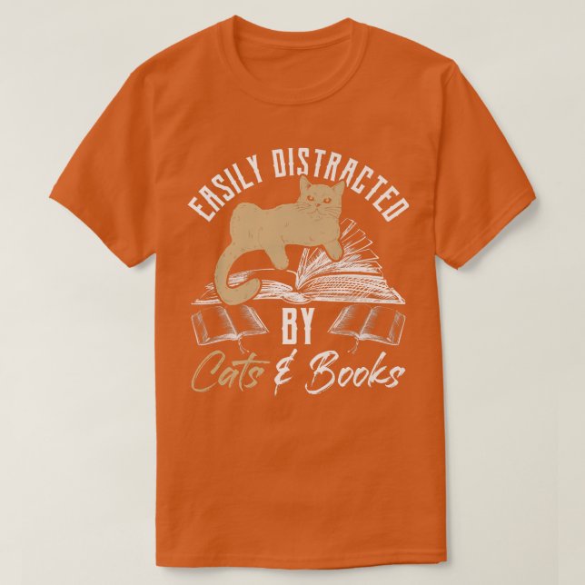 Camiseta Facilmente distraído por Gatos e Livros (Frente do Design)