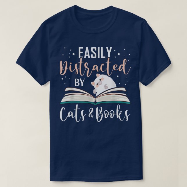 Camiseta Facilmente distraído por Gatos e Livros (Frente do Design)