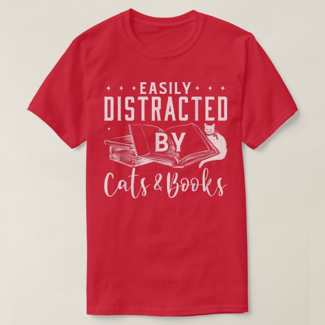 Camiseta Facilmente distraído por Gatos e Livros (Frente do Design)