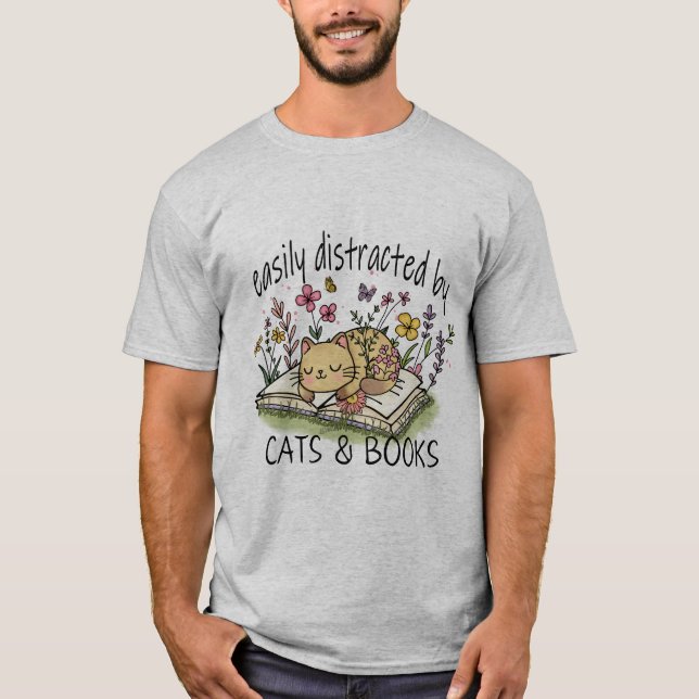 Camiseta Facilmente distraído por Gatos e Livros (Frente)