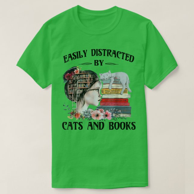 Camiseta Facilmente distraído por gatos e livros347 (Frente do Design)