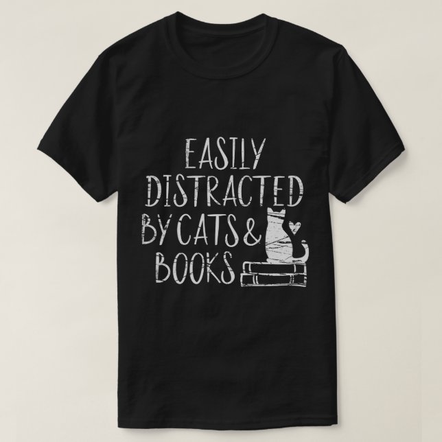 Camiseta facilmente distraído por gatos e livros - amantes  (Frente do Design)