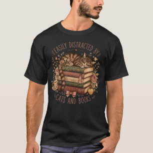 Camiseta Facilmente Distraído Por Gatos E Livros Bibliófilo