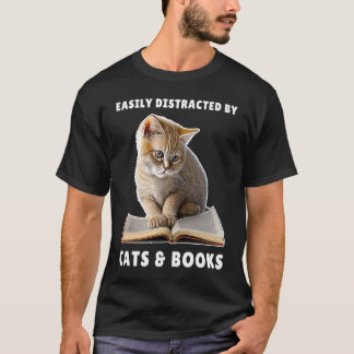 Camiseta Facilmente Distraído por Gatos e Livros Clube do L