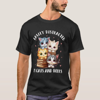Camiseta Facilmente Distraído Por Gatos E Livros Divertido