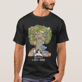 Camiseta Facilmente Distraído Por Gatos e Livros Gatos e Li