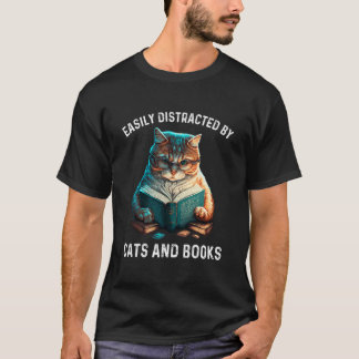 Camiseta Facilmente Distraído por Gatos e Livros Homens Mul