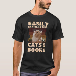 Camiseta Facilmente Distraído Por Gatos E Livros Livros Gat