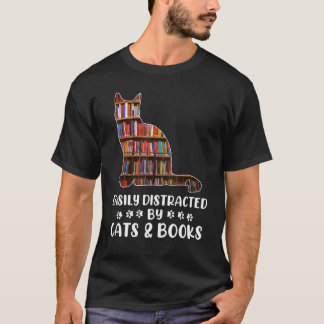 Camiseta Facilmente Distraído Por Gatos E Livros Nerds