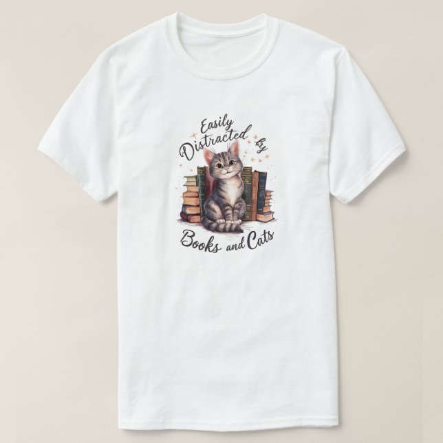 Camiseta Facilmente distraído por livros e gatos (Frente do Design)