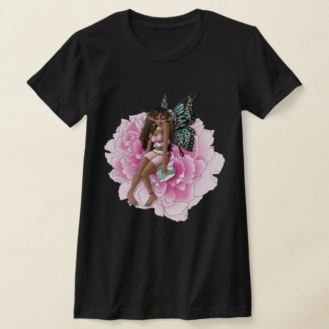 Camiseta Fada Afro-Americana na Flor Rosa (Postura )
