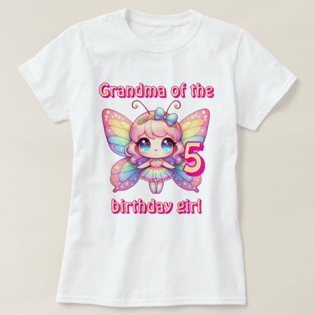 Camiseta Fada borboleta arco-íris avó da menina de aniversá (Frente do Design)
