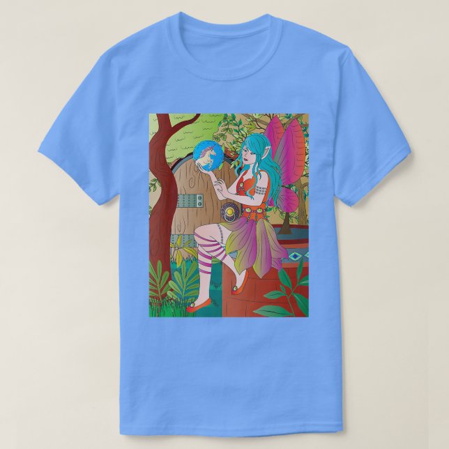 Camiseta Fada de cabelo azul com unicórnio num globo azul (Frente do Design)