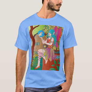 Camiseta Fada de cabelo azul com unicórnio num globo azul