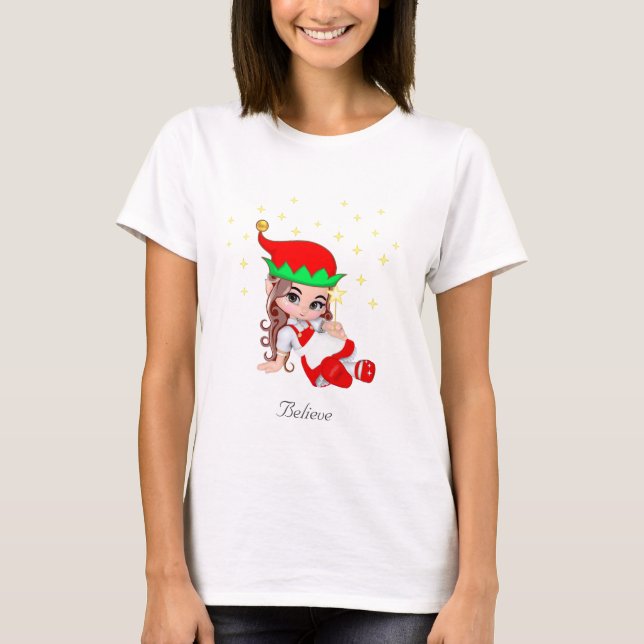 Camiseta Fada de Natal Vestida em Vermelho e Estrelas (Frente)