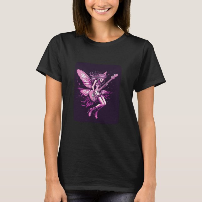 Camiseta Fada Divertida Tocando com Guitarras Altos para Ad (Frente)