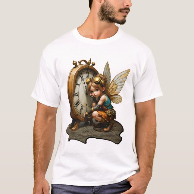 Camiseta Fada Steampunk com Asas de Ouro e Relógio Antiquad (Frente)