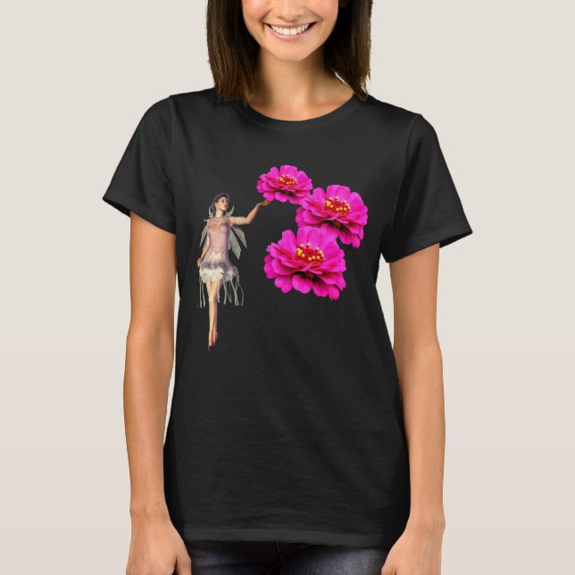 Camiseta Fadas E Zinnias Rosa Escuras De Flor (Frente)