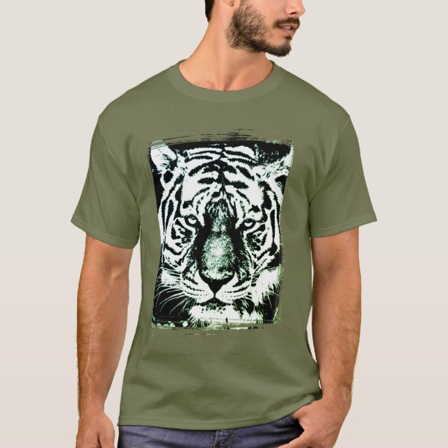 Camiseta Fadiga Cor Verde Pop de Arte Tiger Cabeça Moderna (Frente)