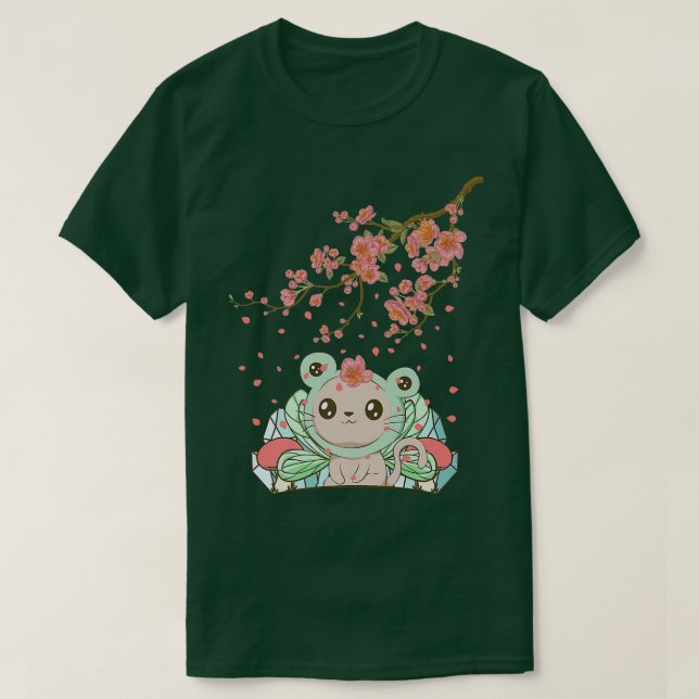 Camiseta Fairycore Aesthetic Fairy Cat Frog Head Cherry Blo (Frente do Design)