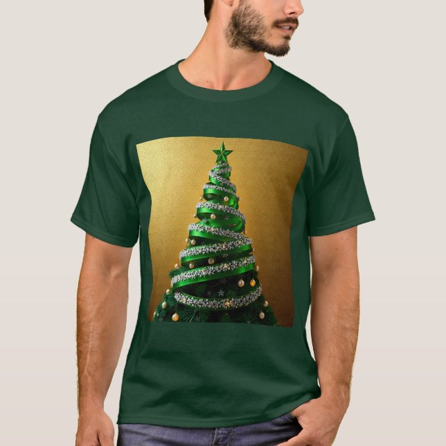 Camiseta Faíscas de Prata de Árvore de Natal em Fita Verde (Frente)