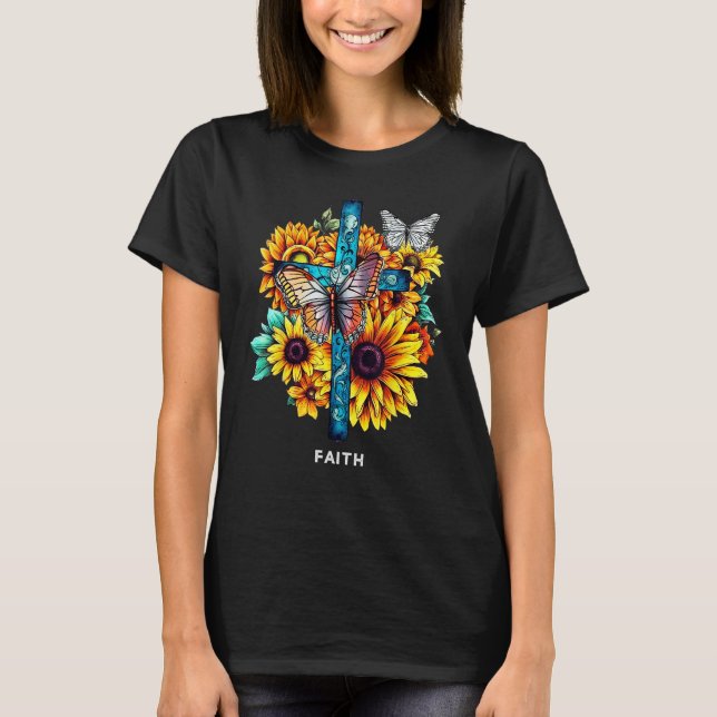 Camiseta Faith Cross Sunflower Butterflies Christian (Frente)