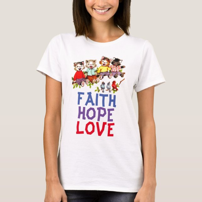 Camiseta FAITH ESPERA AMOR, T-shirts cristãs de gatos (Frente)