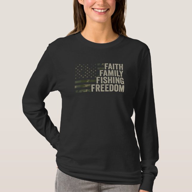 Camiseta Faith Family Fish Freedom Bass Pescador Camo U (Frente)