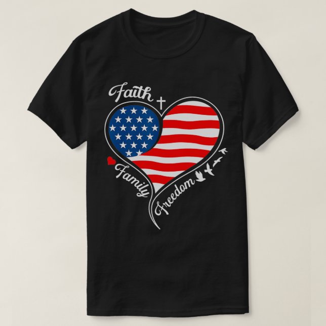 Camiseta Faith Family Freedom Patriotic Cross Heari Ameri (Frente do Design)