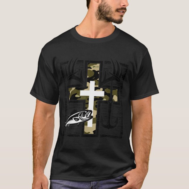 Camiseta Faith Fishing Hunting Camo Cross With Hook B Chris (Frente)