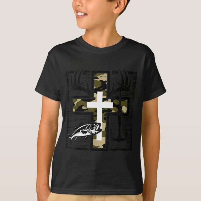 Camiseta Faith Fishing Hunting Camo Cross With Hook B Chris (Frente)